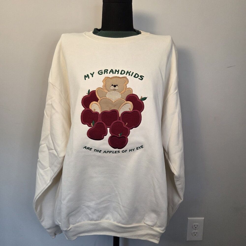 Vintage Apple Sweatshirt Womens XL Grandma Grandkids Embroidered Teddy Bear